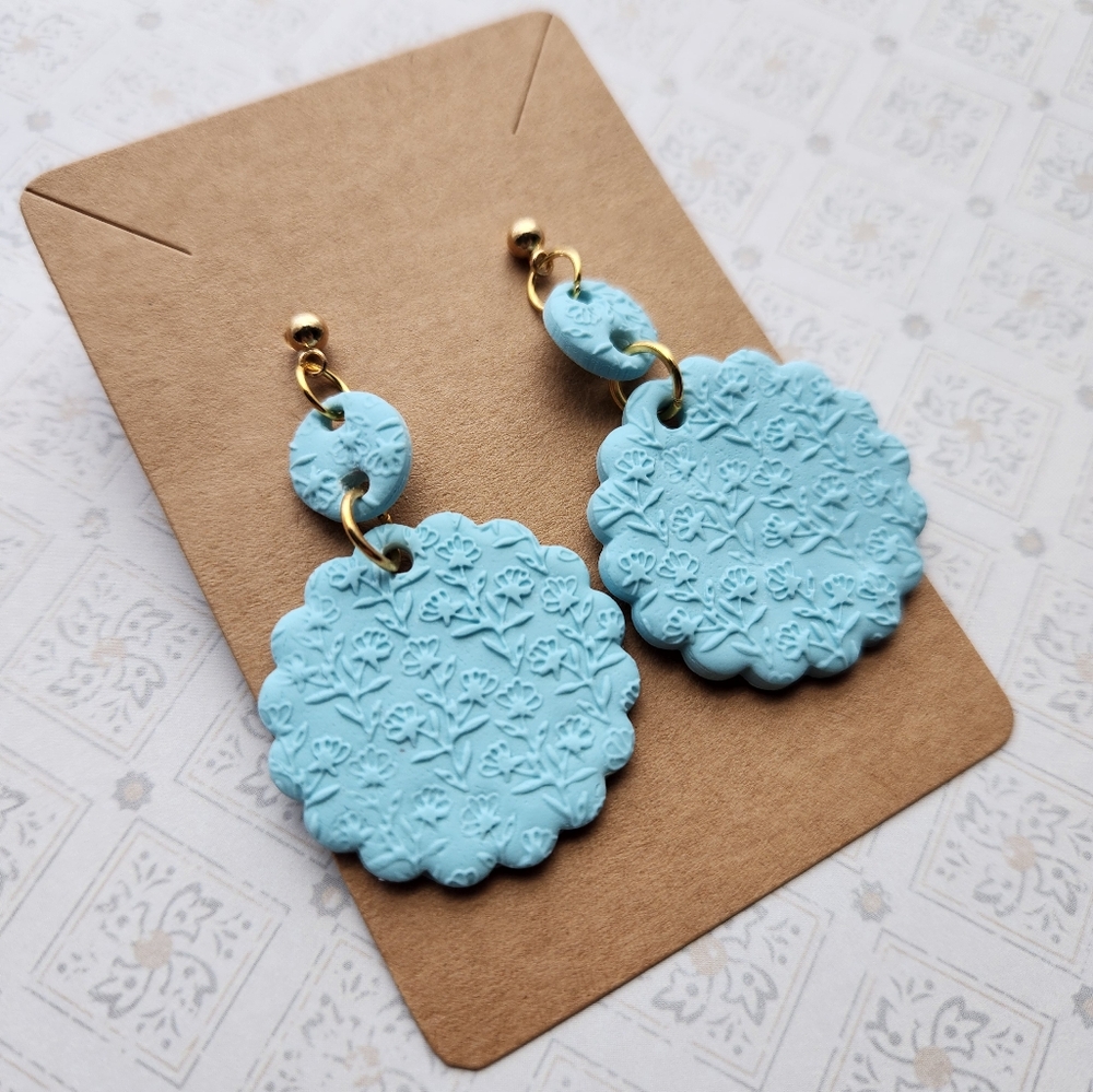Baby Blue Floral Clay Earrings with Gold Accents